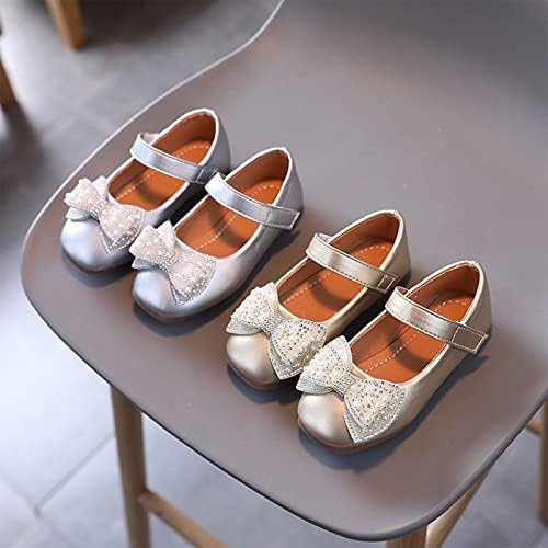Обувки за малки момичета с цветя модел, обувки Mary Jane, на равна подметка, Ежедневни балет апартаменти без обков с лък и перли, вечерни учебни обувки на плоска подметка (сребро, 4,5-5 години)