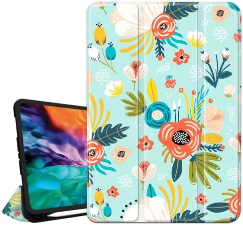 Hi Space Калъф за iPad Pro 11 инча 2018 2020 с цветя, Калъф за iPad Pro 11 2-ри /1-во поколение, Зелен калъф за iPad Pro 11 с цветен модел и държач за моливи, Калъф за автоматично изключване, режим сън за A2228 A2231
