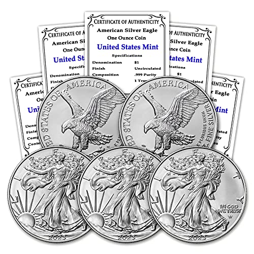 2023 Лот от (5) монети американски сребърен орел с тегло 1 унция, Лъскава, не циркулира, със сертификати за автентичност $1 на БУ