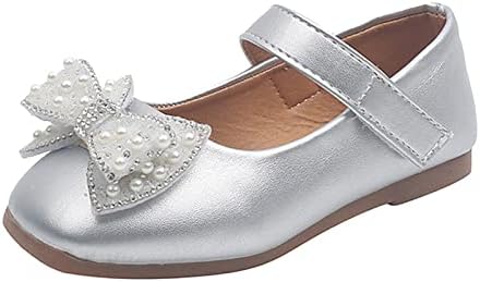 Обувки за малки момичета с цветя модел, обувки Mary Jane, на равна подметка, Ежедневни балет апартаменти без обков с лък и перли, вечерни учебни обувки на плоска подметка (сребро, 18-24 месеца)