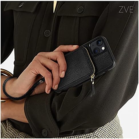 Чанта-портфейл ZVE за iPhone 13 с притежател на кредитна карта с радиочестотна идентификация, Кожен калъф с цип с каишка на китката, Защитен калъф-чанта за жени, който е Съвместим с iPhone 13 6.1 (2021)- Черен