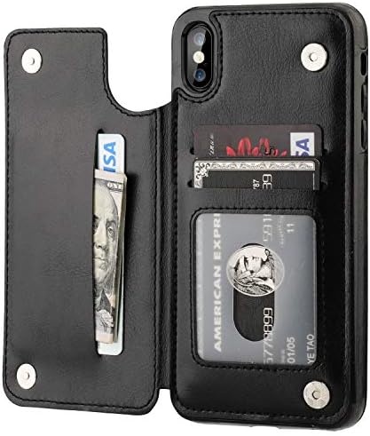 Чанта-портфейл за iPhone Xs Max с държач за карти, калъф-поставка от изкуствена кожа Премиум-клас OT ONETOP с отделения за карти, Двойна Магнитна закопчалка и здрав, устойчив на удари калъф 6,5 инча (черен)