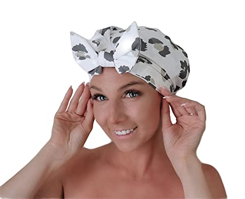 Луксозна Шапка за душ Ezria за жени - за Многократна употреба Непромокаеми шапки за душ, Удобни, с еластична лента, подходящи за дълга коса (леопардовый разпечатки), бели, 1 брой (опаковка от 1)