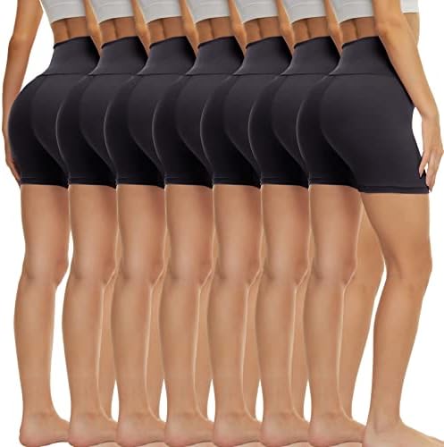 TNNZEET 7 Опаковки Женски Байкерских шорти с висока талия 5 инча – Меки Черни Спортни къси Панталони за Йога и Джогинг