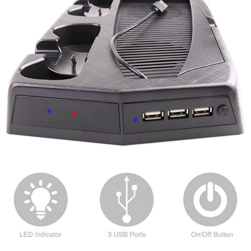 Вертикална поставка за зарядно устройство с охлаждащ вентилатор за PlayStation 5 PS5 с 3 USB концентраторами, 2 док-станции за зареждане на контролери DualSense и 14 игрални слотове