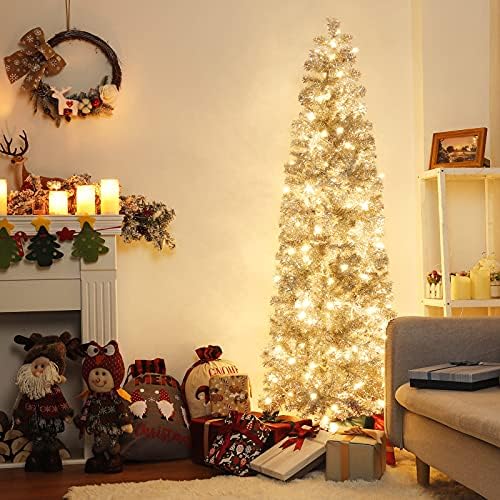 Decoway Предварително осветени Карандашная Коледна Елха 6 метра, Изкуствена Сребърна Сърма Коледно Дърво с Метална Стойка
