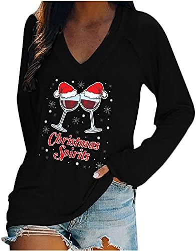 Дамски Коледни Върхове, Забавни Тениски с Графичен Дизайн във формата На Чаша за Вино, Всекидневни Пуловер с дълъг ръкав и V-образно деколте, Свободни и Удобни Тениски, Блуза