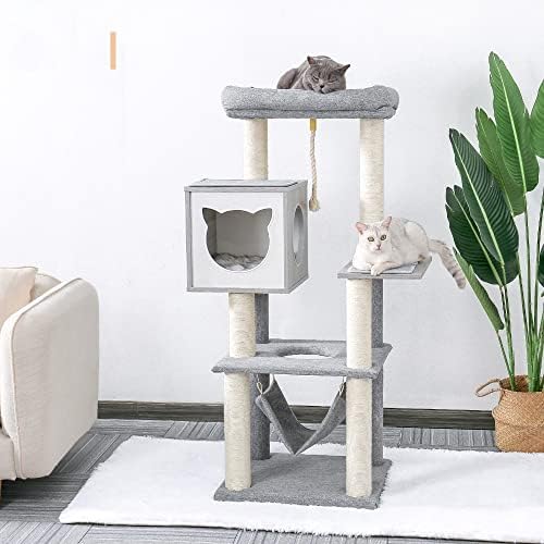 Когтеточка за коте GRETD Котка на Дърво с играчка мишка Легло на най-високо ниво за почивка от сезал за игри (Цвят: сив, размер: One size)