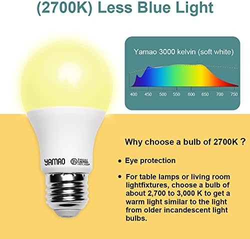 Led лампи Yamao A19 Капацитет от 60 Вата в изражение, led лампи с топла светлина 2700 Към Стандартните основни лампи E26 без регулиране на яркост, енергийно ефективни 800 Лумена мощност 9 W, led лампа за осветление