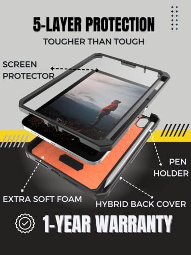 CaseBorne V Съвместима със защитен калъф за iPad Mini 6 поколение (издаден през 2021 г.) - Издръжлив корпус военни клас с вградена стойка и защитно фолио за екран - Държач за моливи (черен)