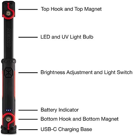 NEIKO 40337A Безжична 10-Ваттная работна лампа 2-в-1 COB LED и UV с литиево-йонна батерия с капацитет 4000 mah, време на работа до 8 часа, Магнитна с 2 въртящи куки